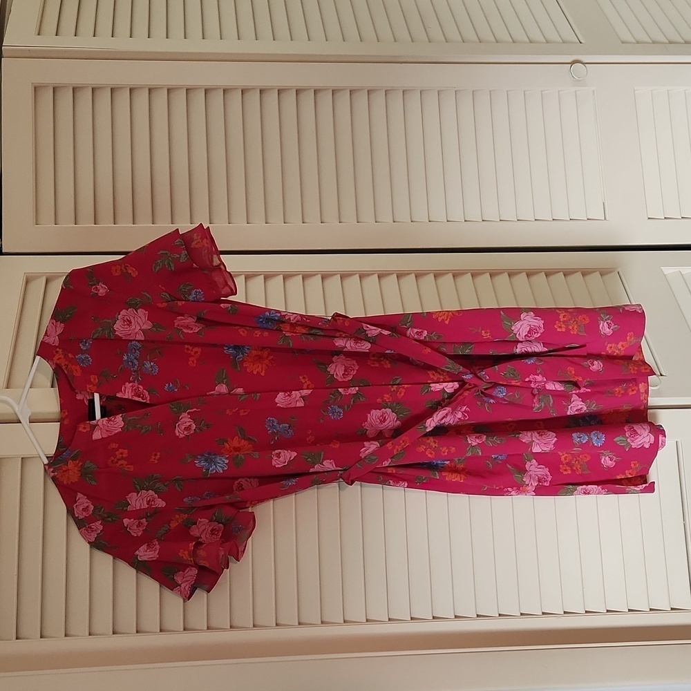 Ann Taylor Baja Rose Island Floral Flutter Sleeve Hot Pink Shirtdress in XS